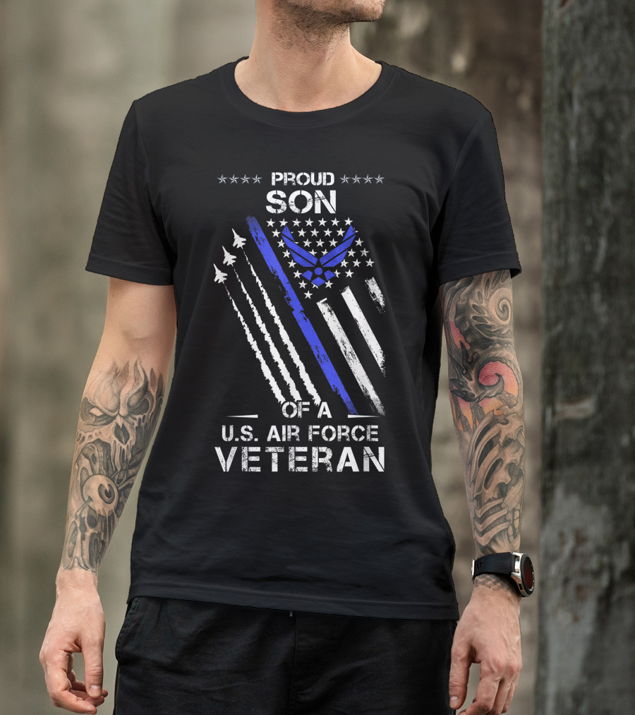 Proud Son Of A U.S. Air Force Veteran With Jets And Stars Iconic American Flag T-Shirt