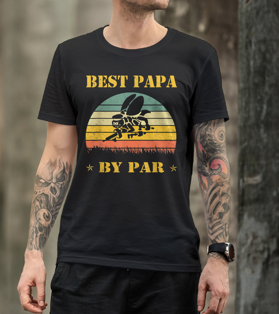 Best Papa By Par Seabee Veteran Retro Sunset Bee T-Shirt