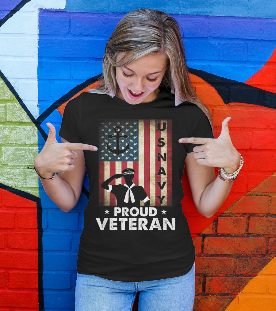 Proud Veteran US Navy Patriotic American Flag Anchor Salute T-Shirt