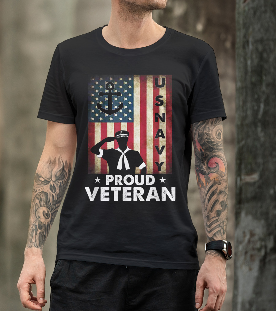 Proud Veteran US Navy Patriotic American Flag Anchor Salute T-Shirt