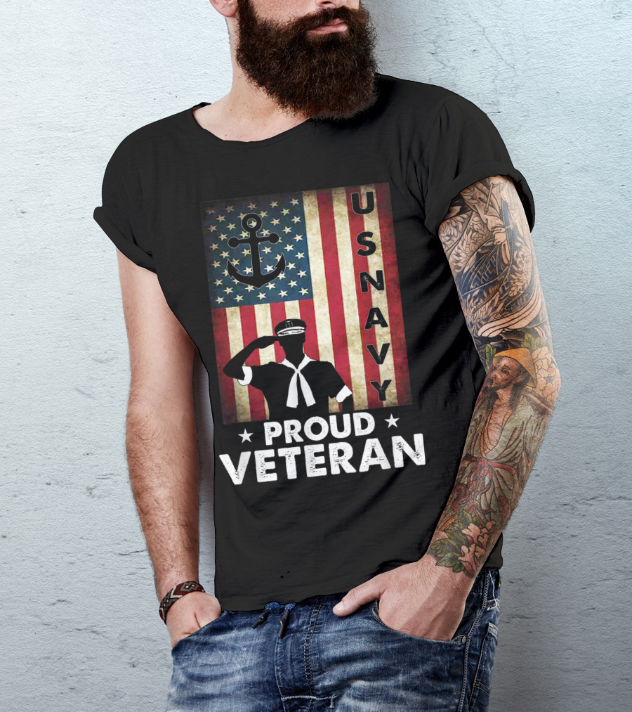 Proud Veteran US Navy Patriotic American Flag Anchor Salute T-Shirt