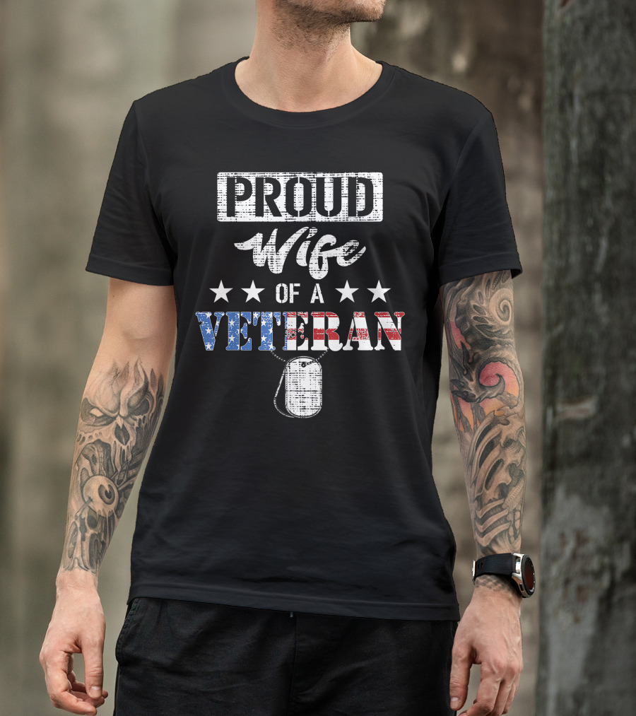 Proud Wife Of A Veteran Patriotic Stars Dog Tag T-Shirt