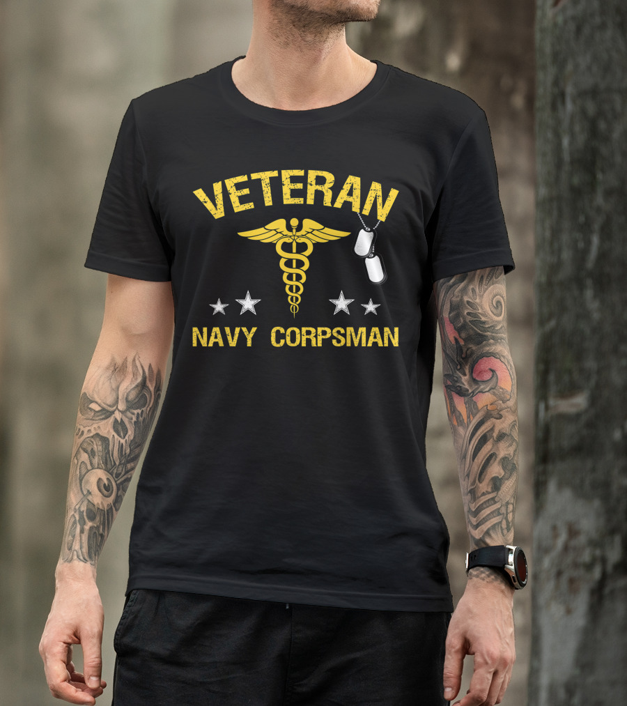 Veteran Navy Corpsman Caduceus With Dog Tags And Stars T-Shirt