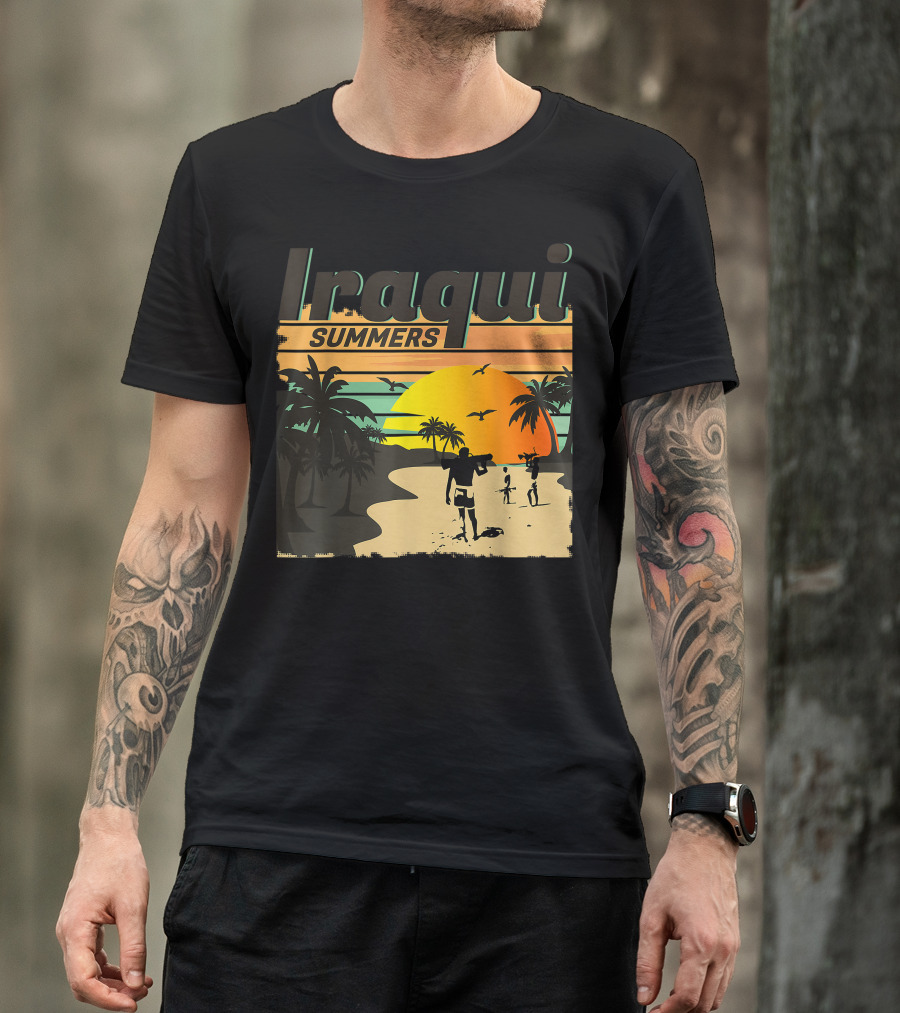 Iraqi Summers Palm Trees Sunset Beach Scene With Family Strolling T-Shirt