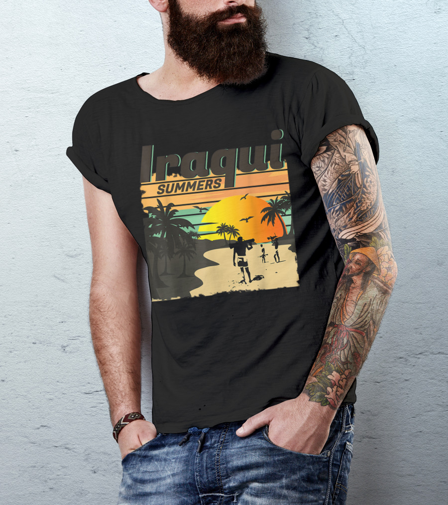 Iraqi Summers Palm Trees Sunset Beach Scene With Family Strolling T-Shirt