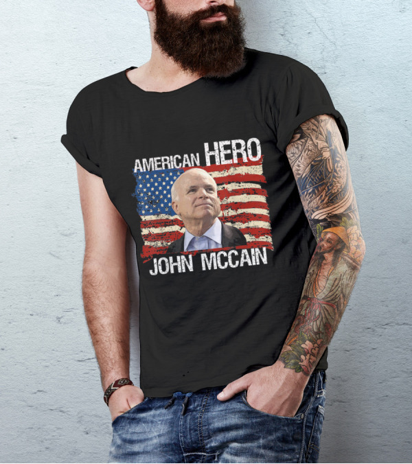 John McCain American Hero With USA Flag T-Shirt