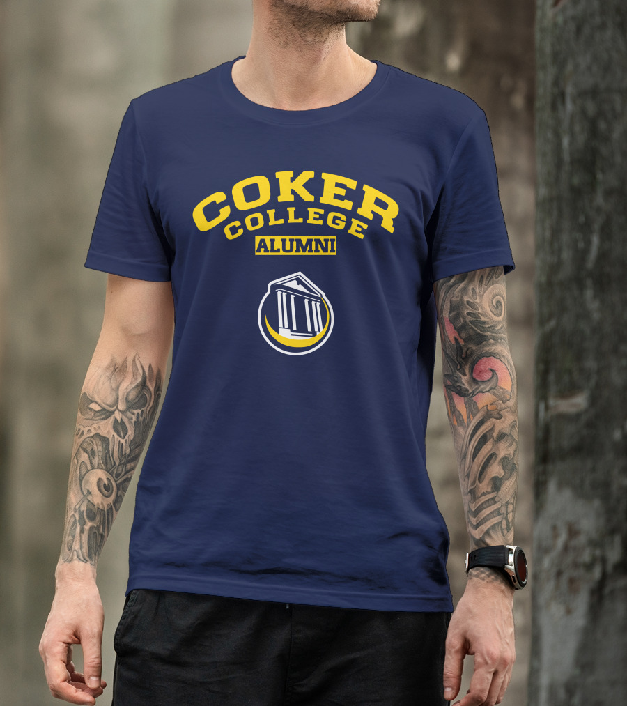 Coker College Alumni Yellow And Navy Blue Text With Greek Temple T-Shirt