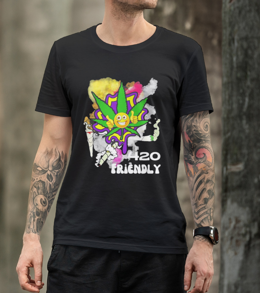 420 Friendly Happy Stoner Leaf With Smiley Face And Colorful Smoke T-Shirt
