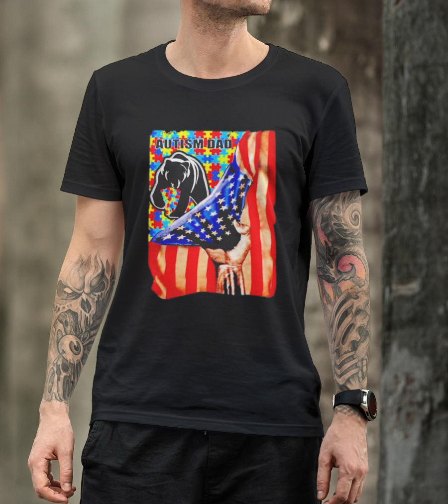 Autism Dad Bear USA Flag Puzzle Awareness T-Shirt