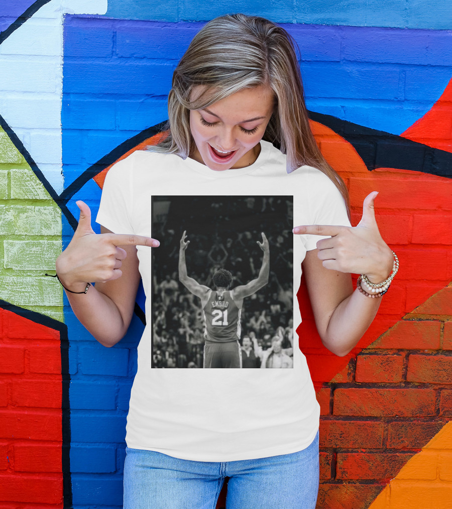 Joel Troel Embiid 21 Basketball Celebration Back View T-Shirt