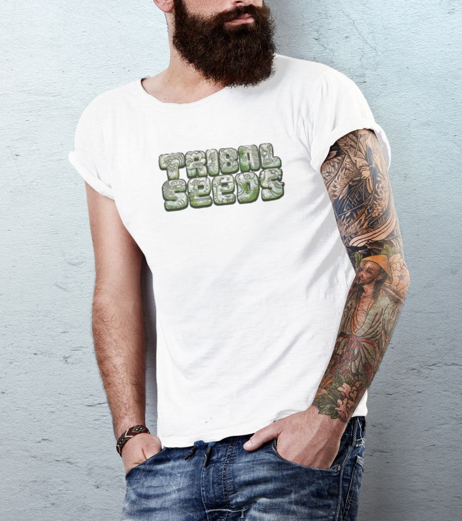Green Tribal Seeds Cute Logo Textured Lettering T-Shirt