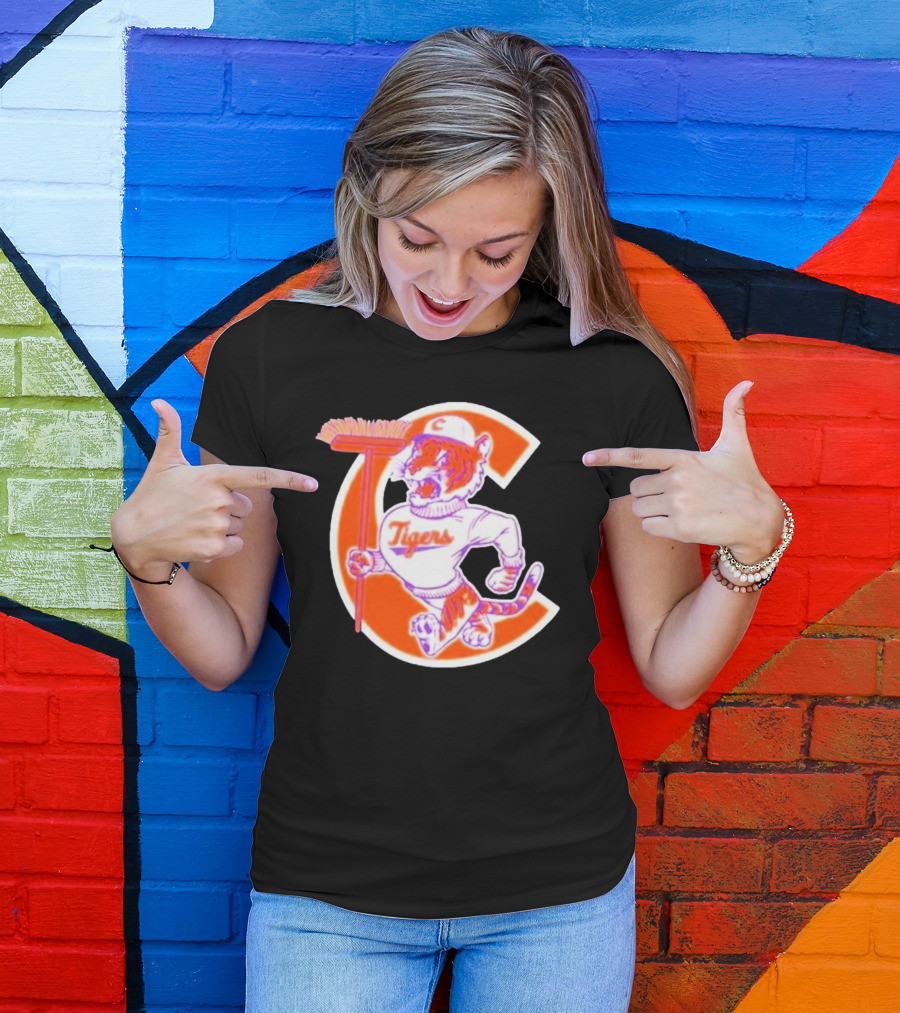 Sweep Tigers Logo Featuring Cartoon Tiger With Broom And Letter C T-Shirt