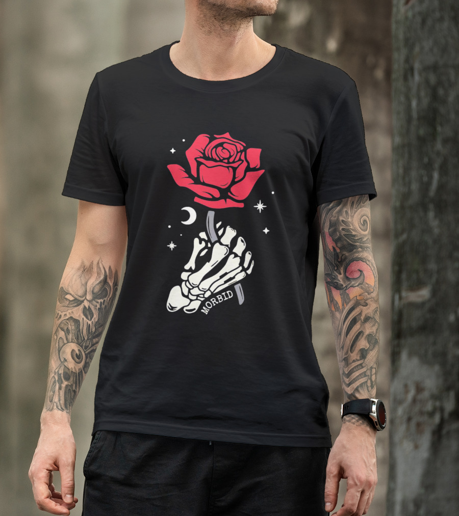 Morbid Skeleton Rose With Crescent Moon And Stars T-Shirt