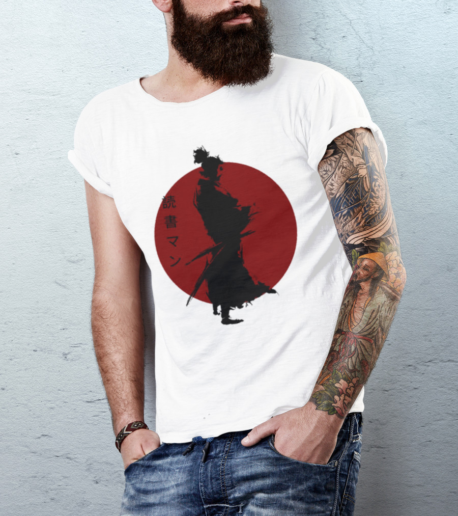 Miyamoto Musashi Samurai Silhouette Red Sun Kanji Reading Man T-Shirt