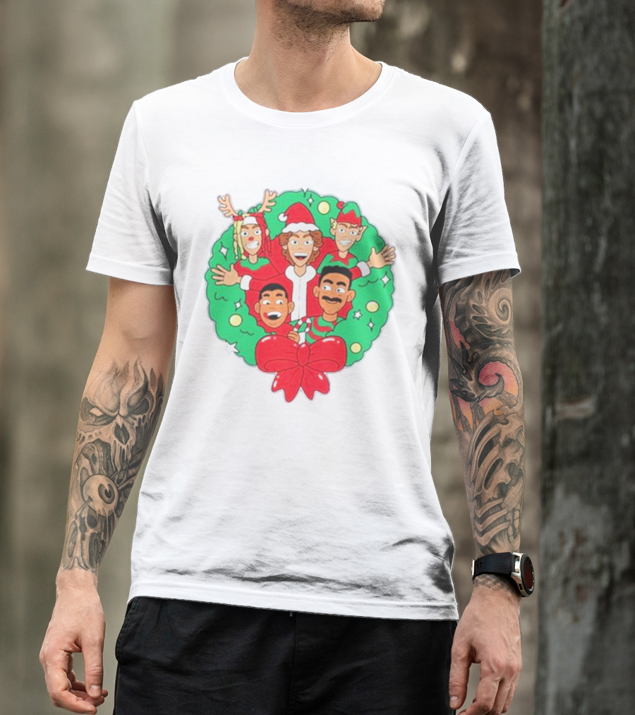 Baylen Levine Christmas Cartoon Characters In Holiday Wreath With Bow And Santa Hat T-Shirt