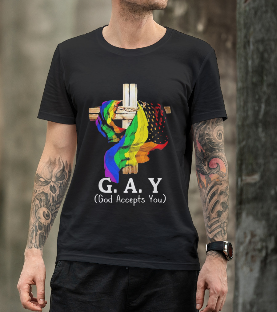 GAY Pride Cross God Accepts You Rainbow Flag T-Shirt
