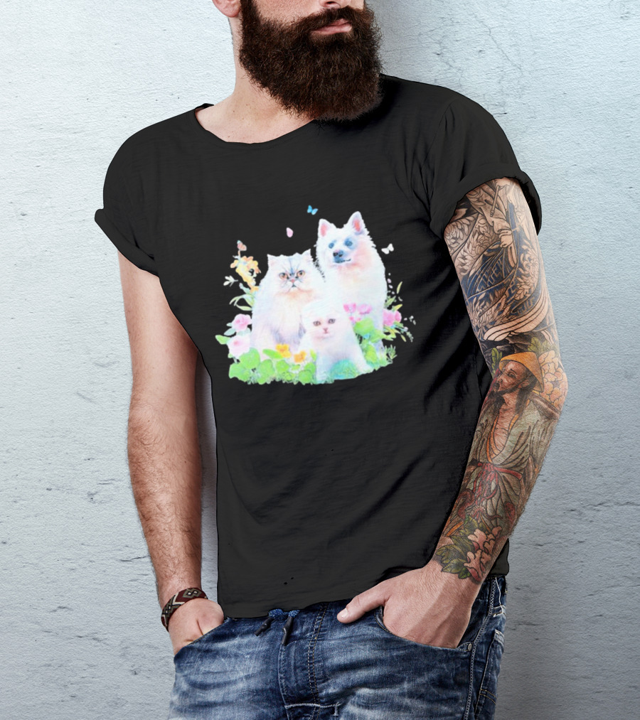 Romcom Jakey Cats And Dog Pastel Garden T-Shirt