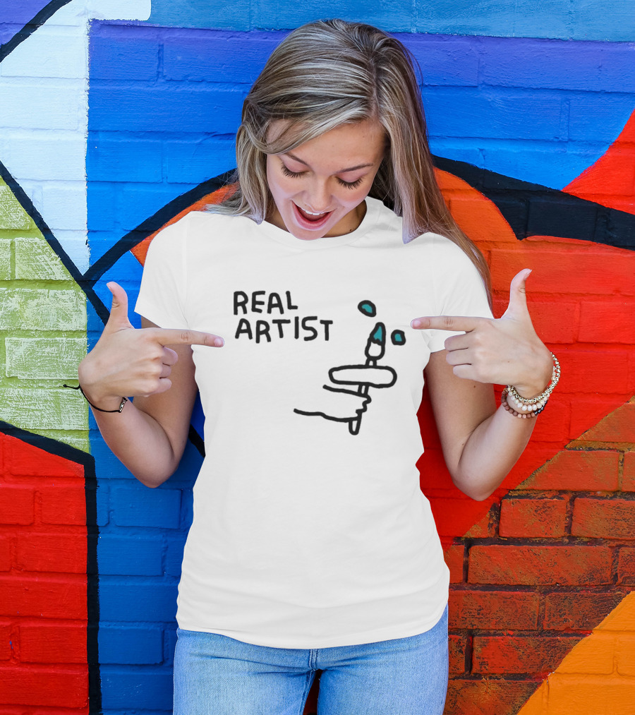 REAL ARTIST Paint Brush Hand Drawing Blue Paint Drops T-Shirt
