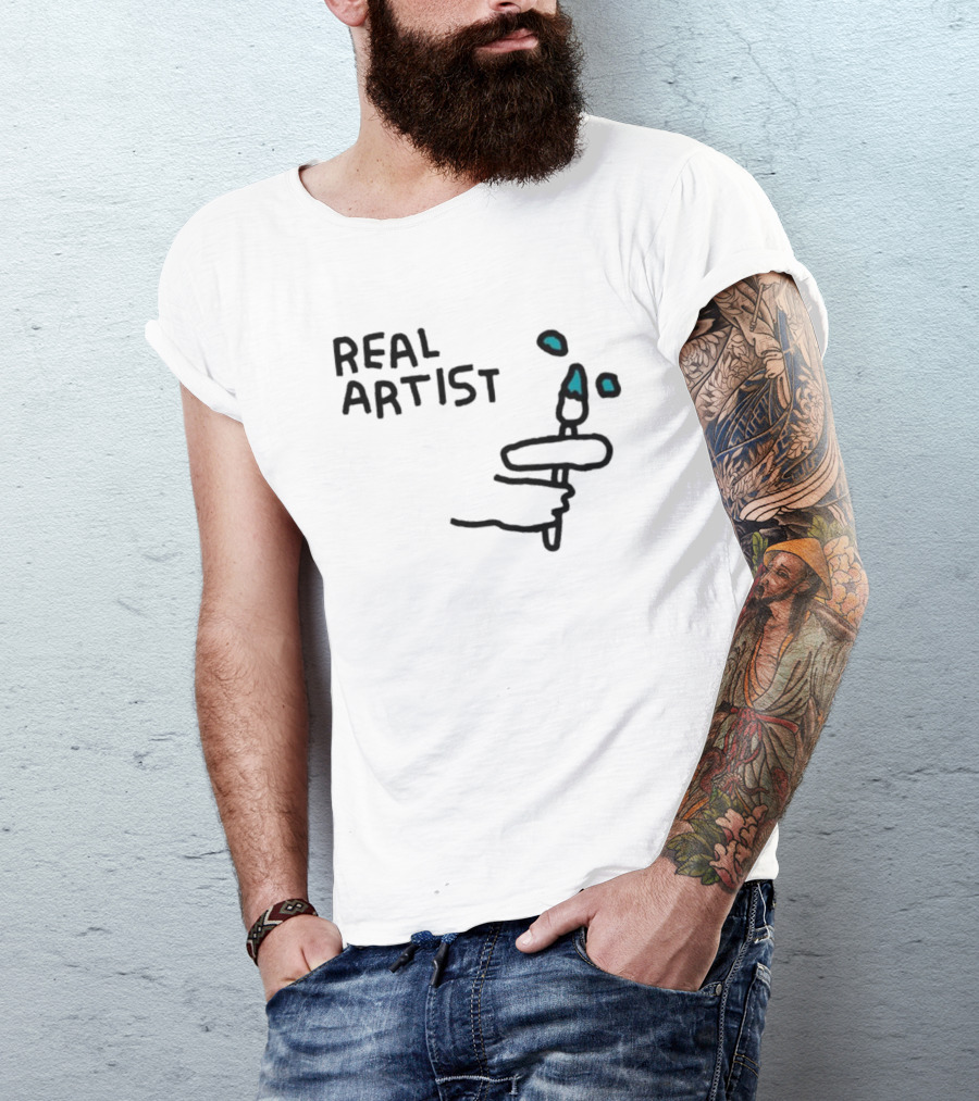 REAL ARTIST Paint Brush Hand Drawing Blue Paint Drops T-Shirt