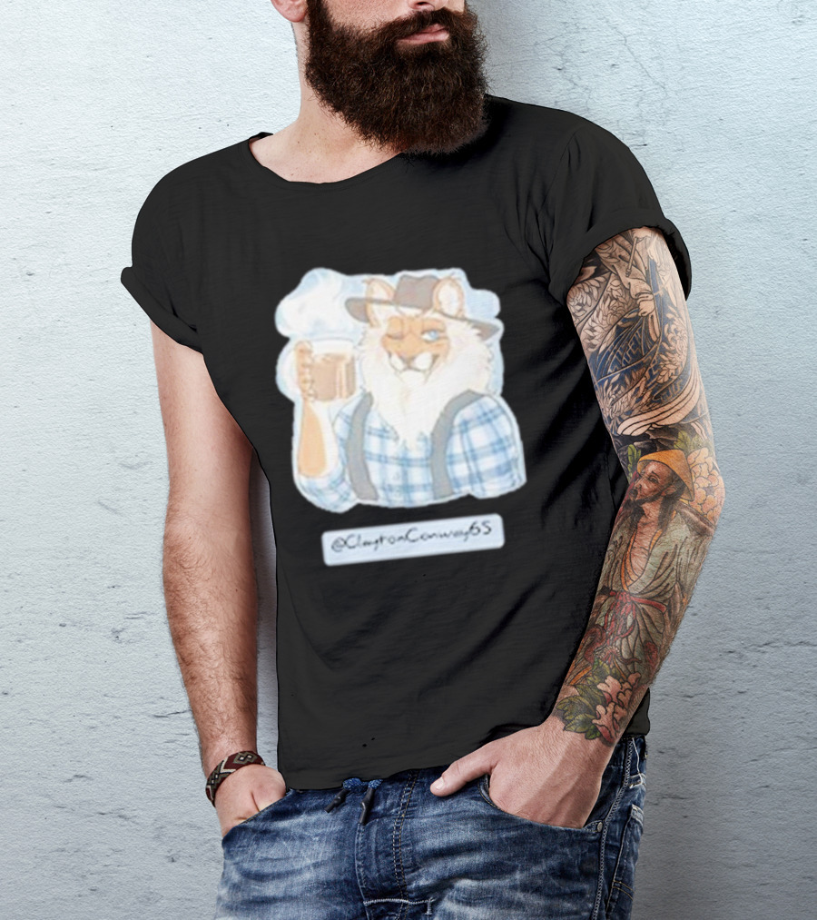 Clayton Conway 65 @ClaytonConway65 Cat In Plaid With Hat Holding Coffee T-Shirt