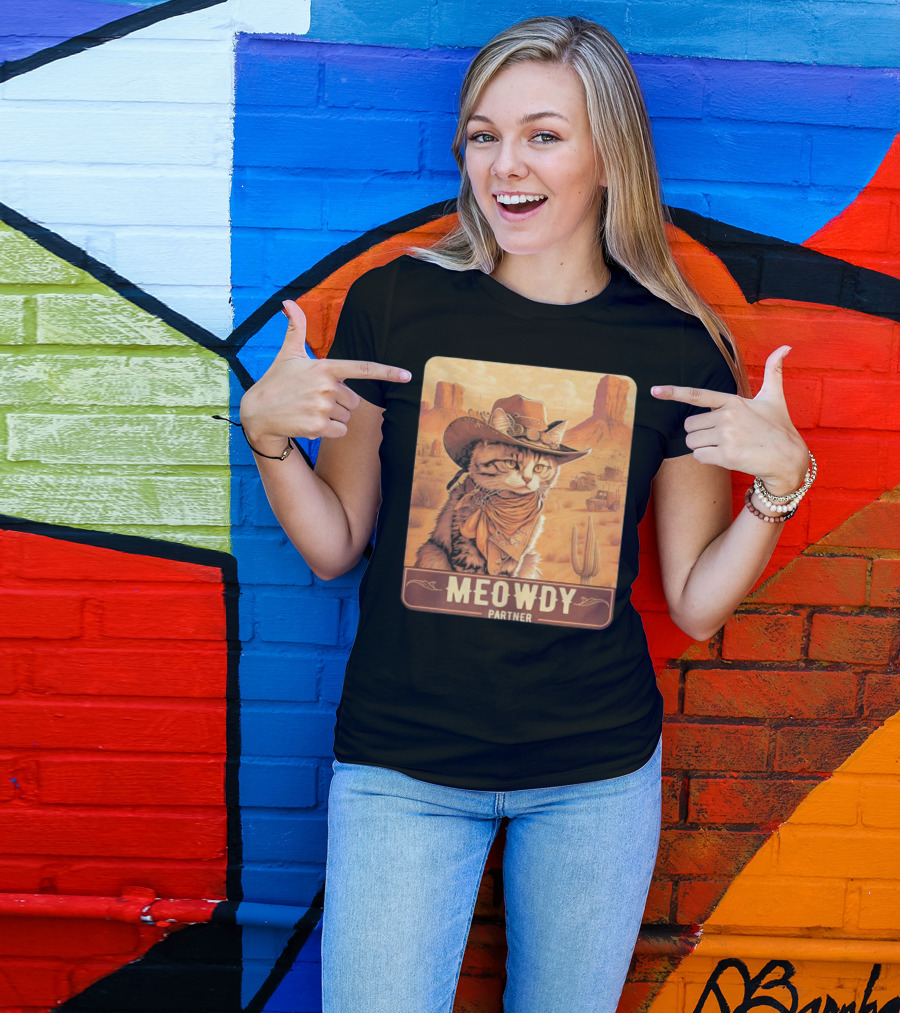 Meowdy Partner Cowboy Cat In Desert Scene With Cactus And Wagon T-Shirt