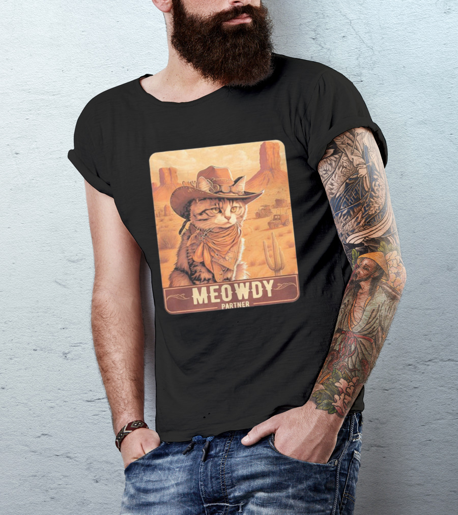 Meowdy Partner Cowboy Cat In Desert Scene With Cactus And Wagon T-Shirt