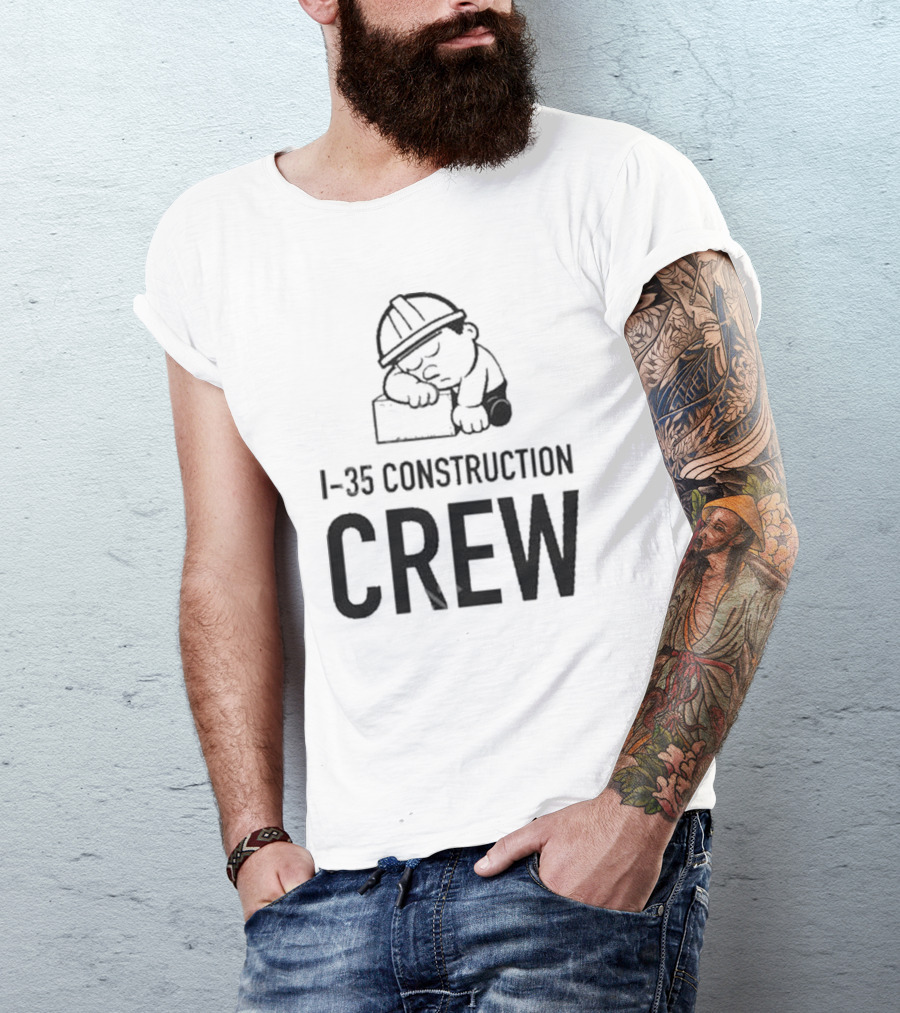 I-35 Construction Crew Cartoon Worker Sleeping On Block T-Shirt