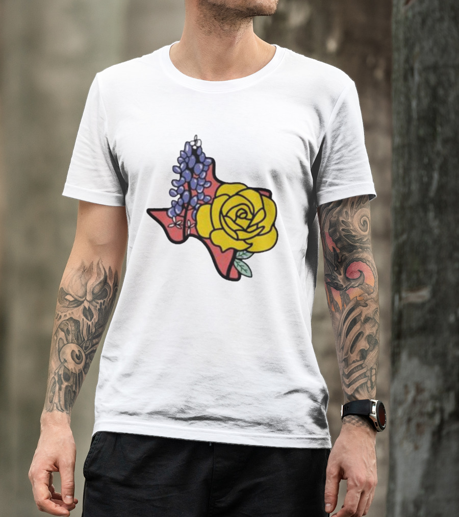 Texas Wildflower Humor Yellow Rose Bluebonnet State Outline T-Shirt