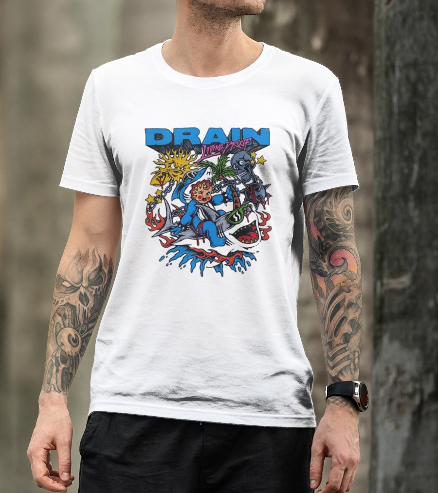 DRAIN Living Proof Chain-Wrapped Shark With Skeleton And Sunburst T-Shirt