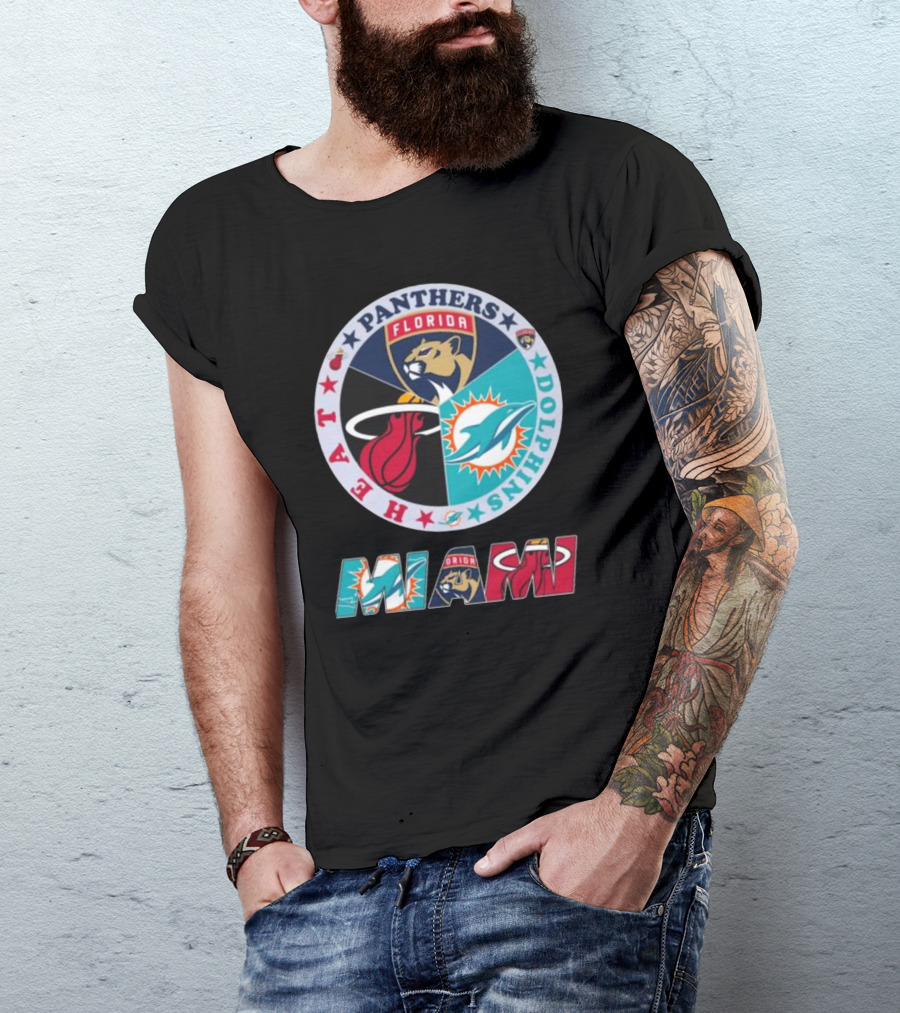 Miami Dolphins Florida Panthers Miami Heat Sports Team Logo Circle MIAMI T-Shirt