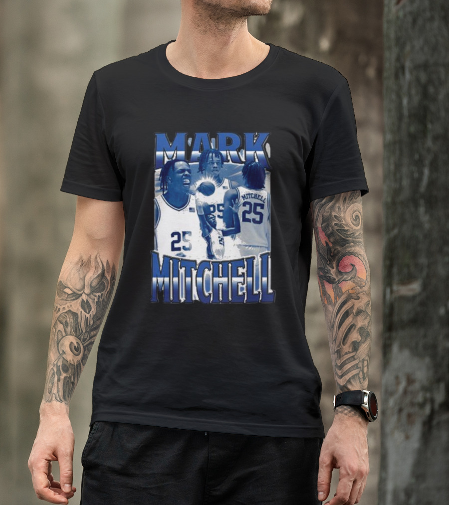 Mark Mitchell 25 Basketball Collage Blue And White T-Shirt