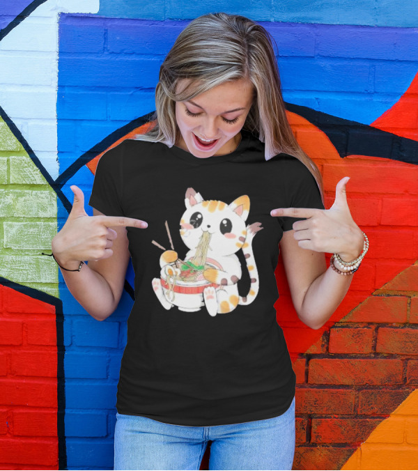 Kawaii Neko Eating Ramen In Cute Cartoon T-Shirt