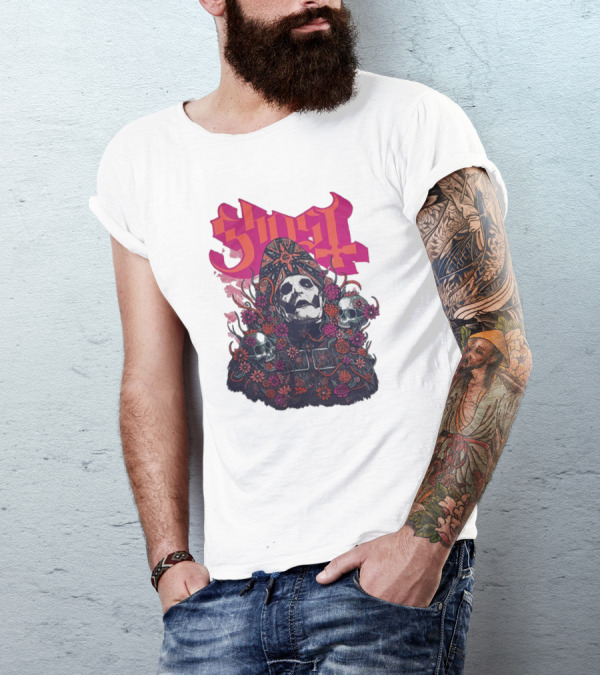 Ghost Skull In Floral Bliss Pink Crystal Wash T-Shirt