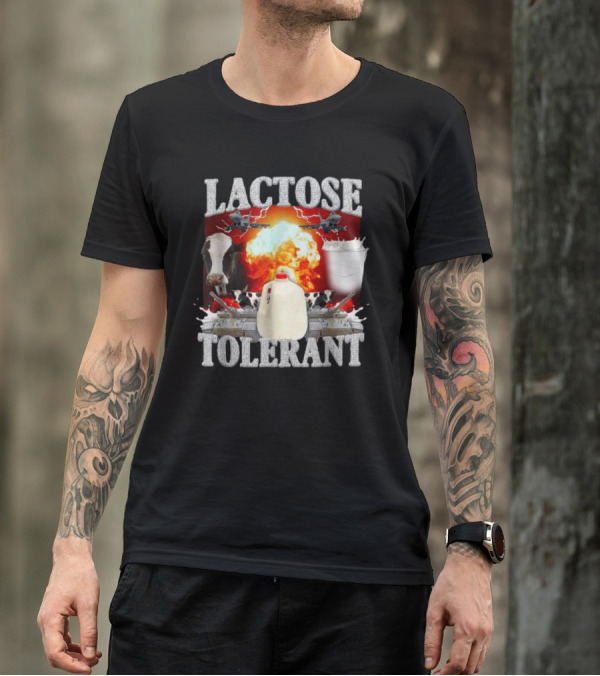 LACTOSE TOLERANT Milk Explosion Cow Jug Planes Battle Scene T-Shirt