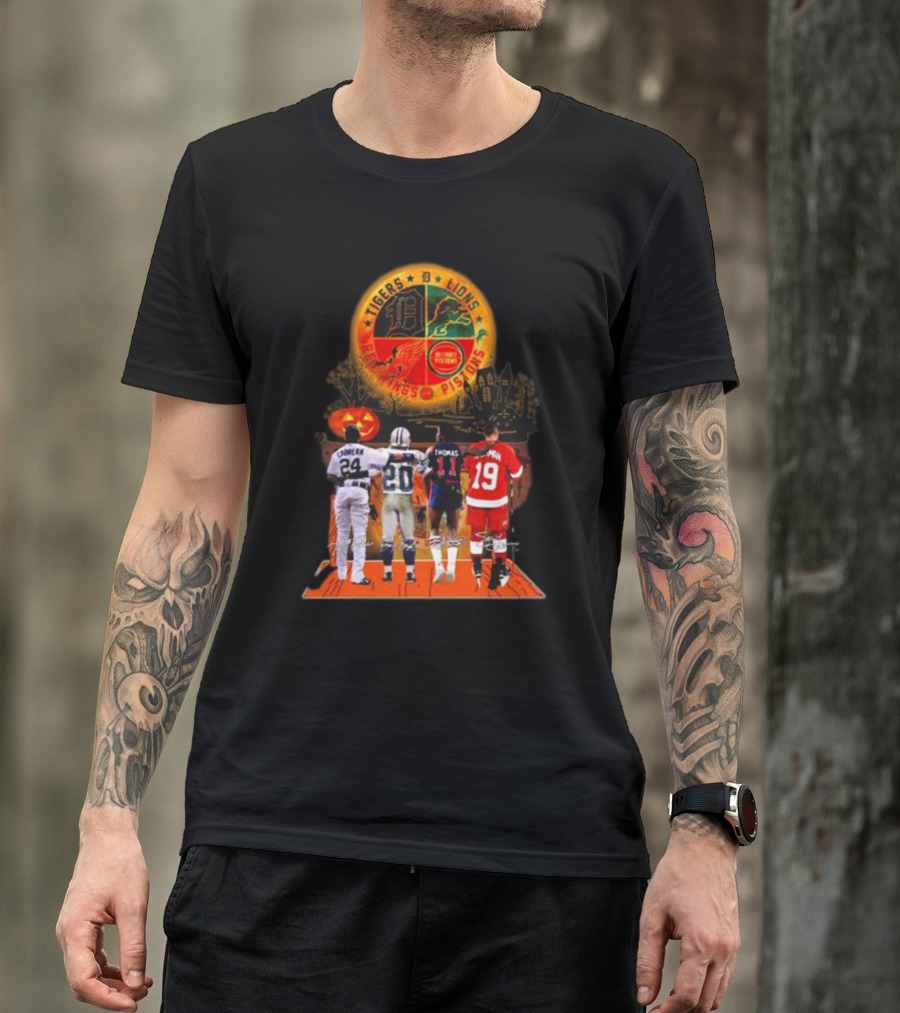 Detroit Tigers Lions Pistons Red Wings Halloween Signatures Cabrera Sanders Thomas Yzerman T-Shirt