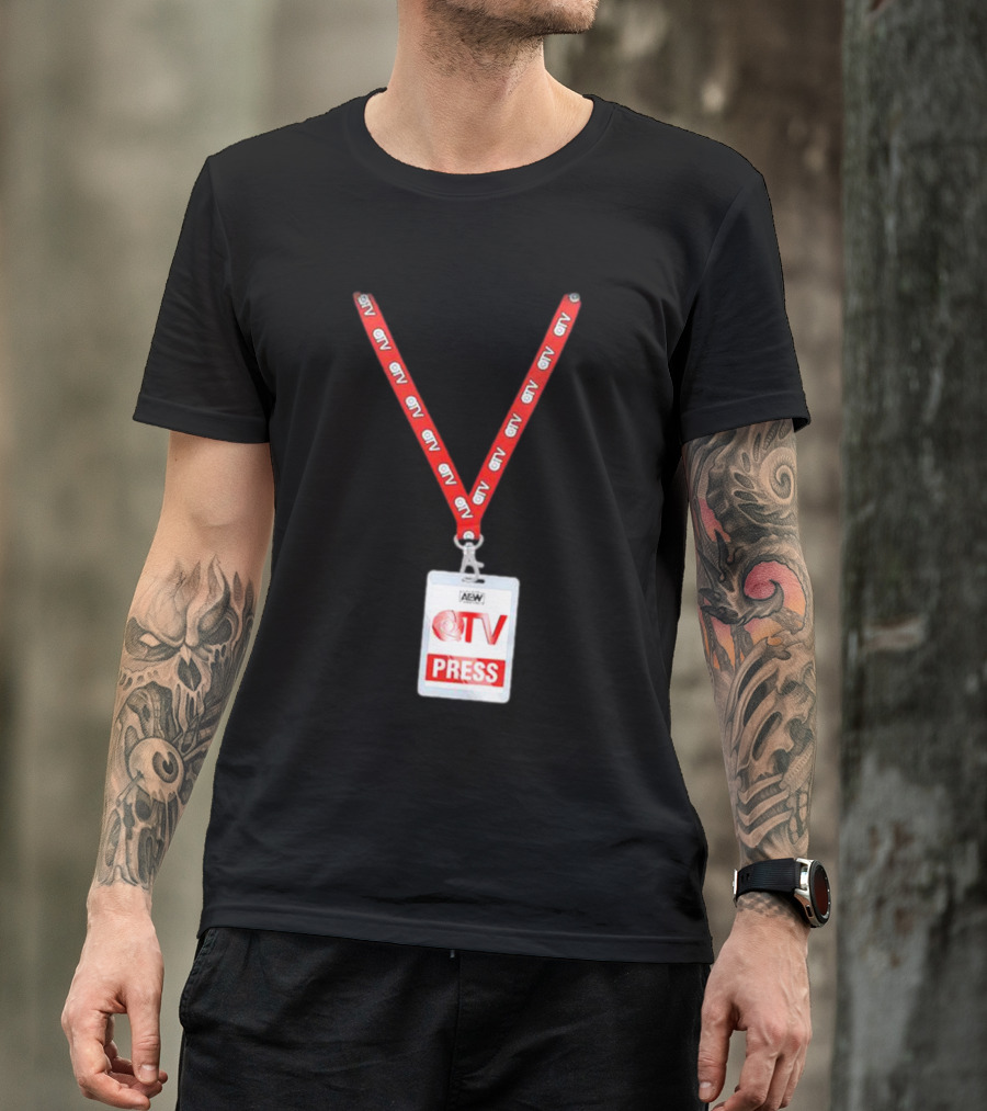 QT Marshall AEW QTV Press Pass Badge With Red Lanyard T-Shirt