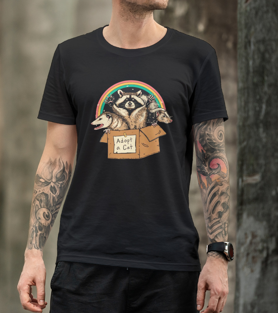 Wicked Clothes Adopt A Cat Raccoon And Opossum In Cardboard Box Rainbow T-Shirt