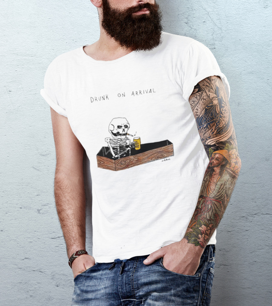 Matt Gray Drunk On Arrival Skeleton In Coffin Holding Drink T-Shirt