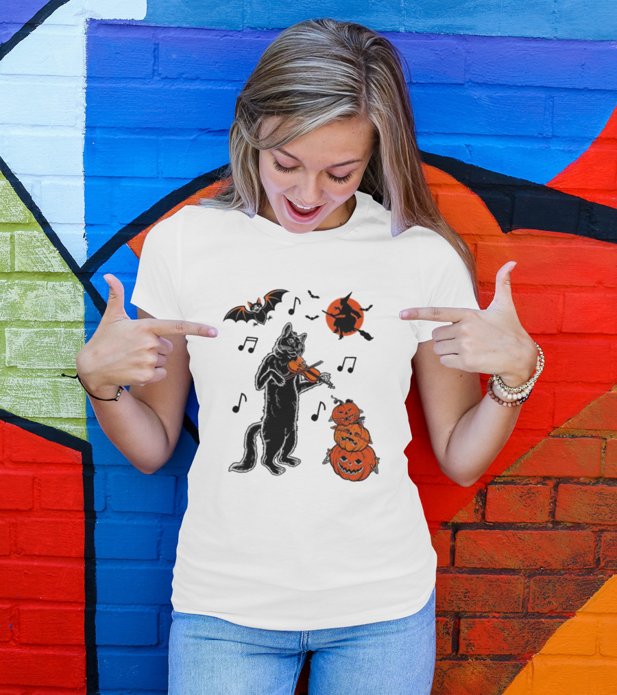 Black Cat Playing Violin With Witch, Devilish Bat, And Stacked Pumpkins Halloween T-Shirt