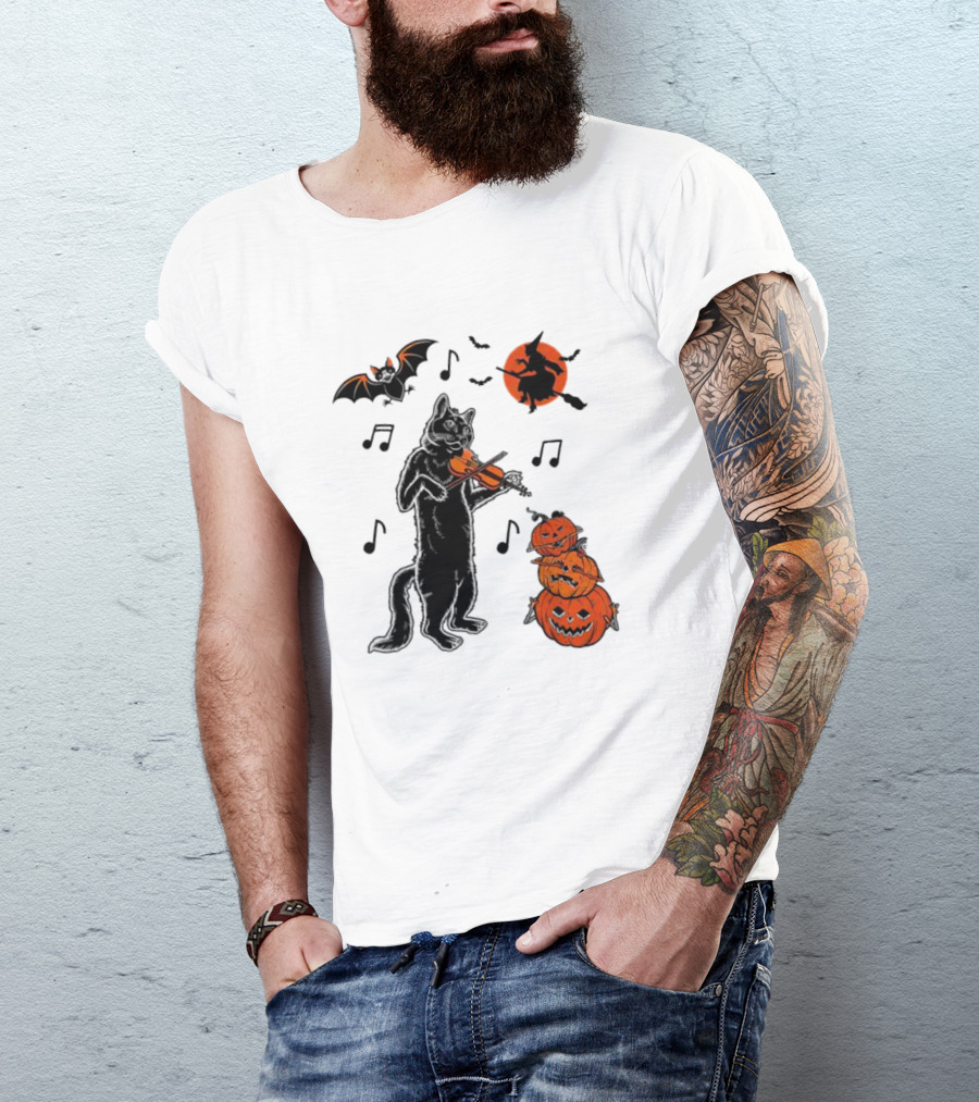 Black Cat Playing Violin With Witch, Devilish Bat, And Stacked Pumpkins Halloween T-Shirt