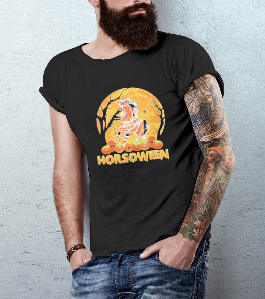 Horsoween Bandaged Horse Spider Web Haunted Pumpkins Red Moon Halloween T-Shirt