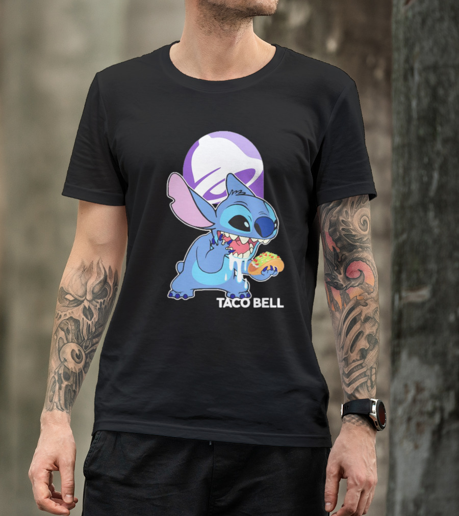 Stitch Eating Taco Bell Tacos With Logo Background T-Shirt