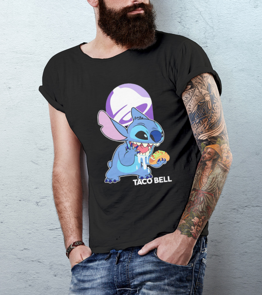 Stitch Eating Taco Bell Tacos With Logo Background T-Shirt