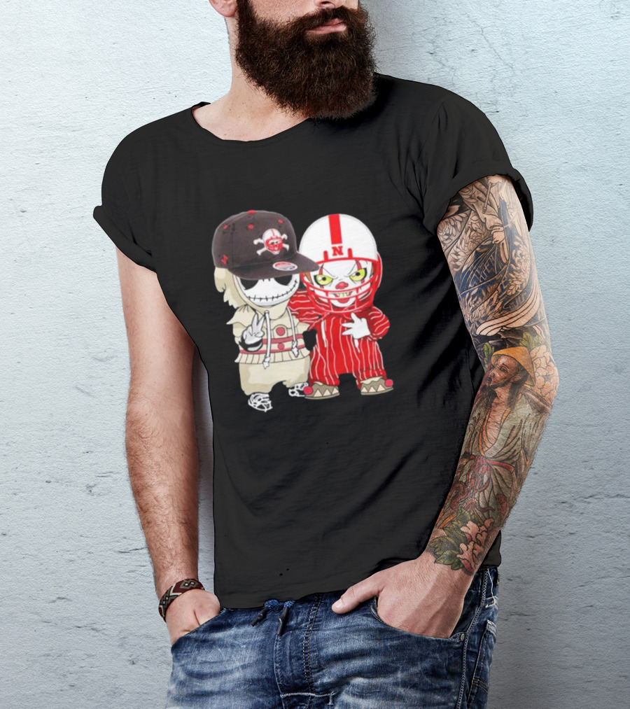 Baby Jack Skellington And Pennywise Nebraska Cornhuskers Halloween Characters T-Shirt