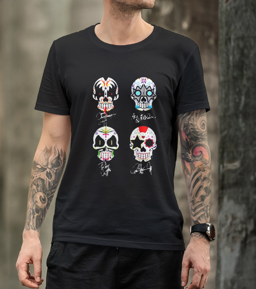 Kiss Band 4 Skull Faces Simmons Stanley Frehley Criss Signature T-Shirt