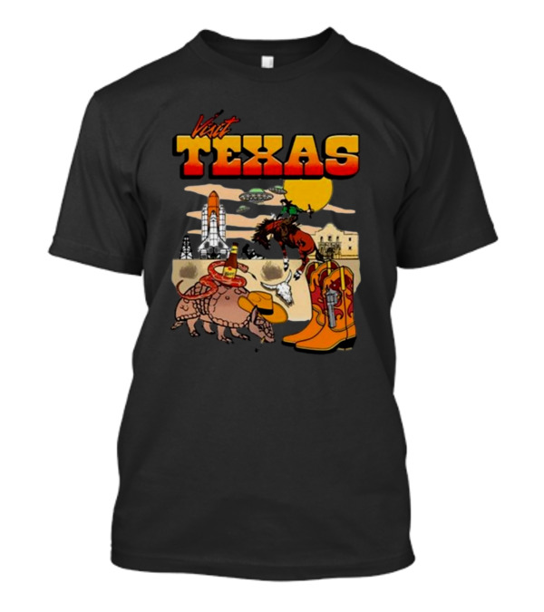 Visit Texas Armadillo Rocket Cowboy Boots Spaceship Rodeo Cowboy T-Shirt