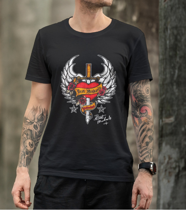 Bret Michaels Heart And Sword Winged Emblem With Roses And Stars T-Shirt