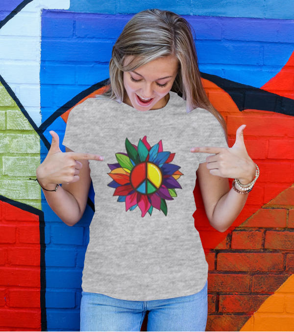 Hippie Rainbow Peace Sign Colorful Flower T-Shirt