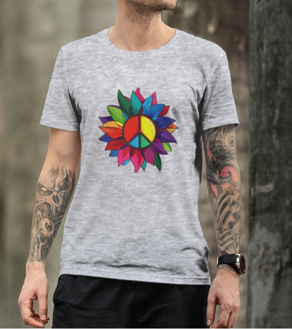 Hippie Rainbow Peace Sign Colorful Flower T-Shirt