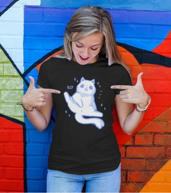 Xmorfina Blep Cute Cat With Tongue Out In Blue And White Cartoon T-Shirt